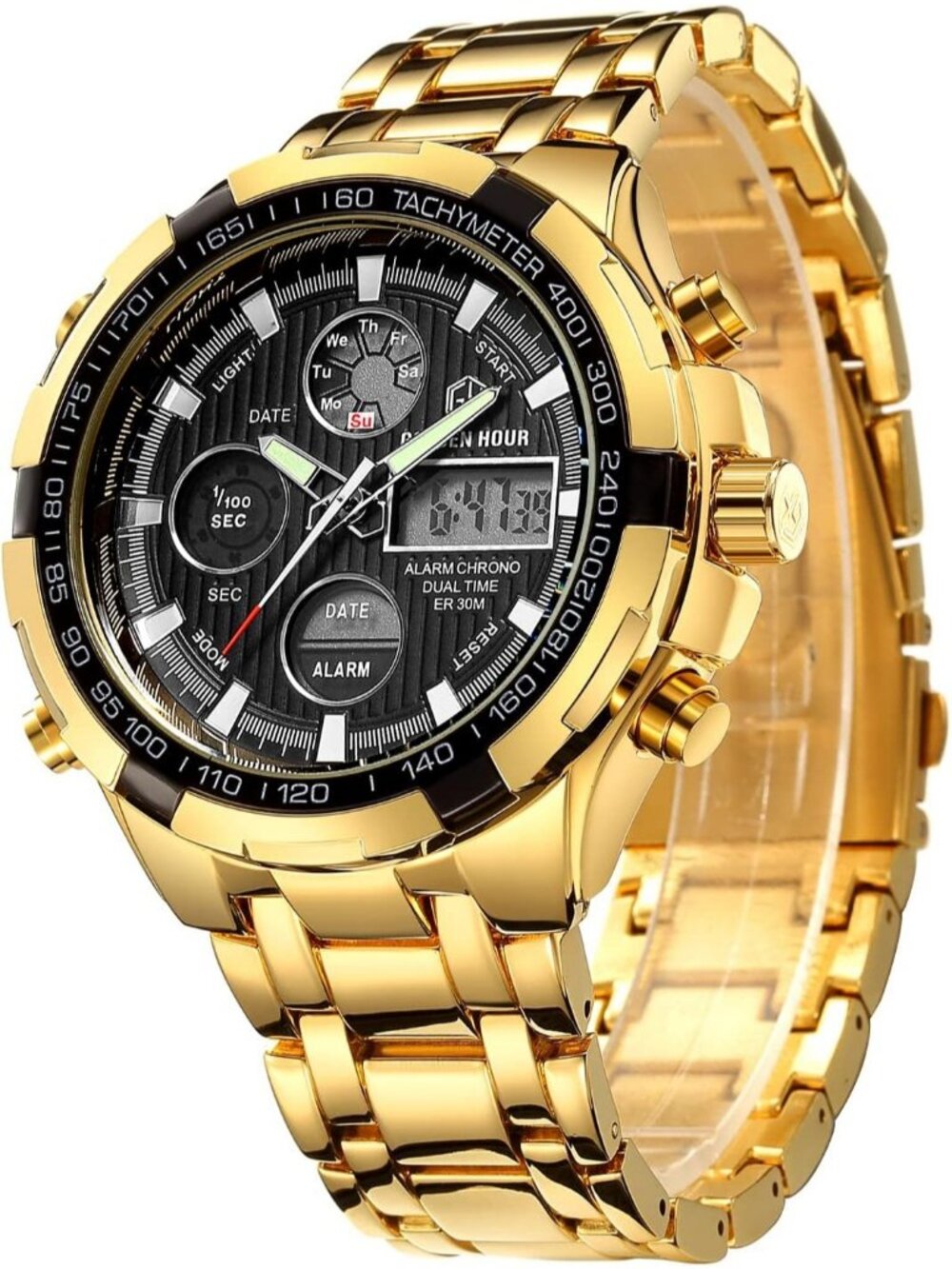 Men's Gold Black Luxury Stainless Steel Analog Digital Waterproof Wrist Watch